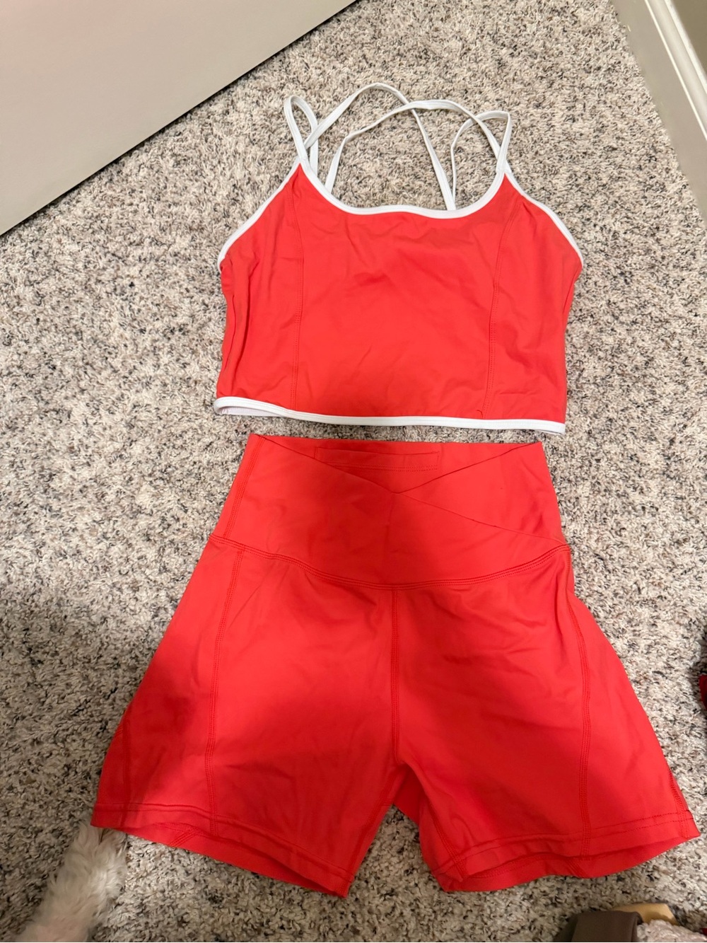 Red Active Crop Top & High-Waist Shorts Set - White Trim